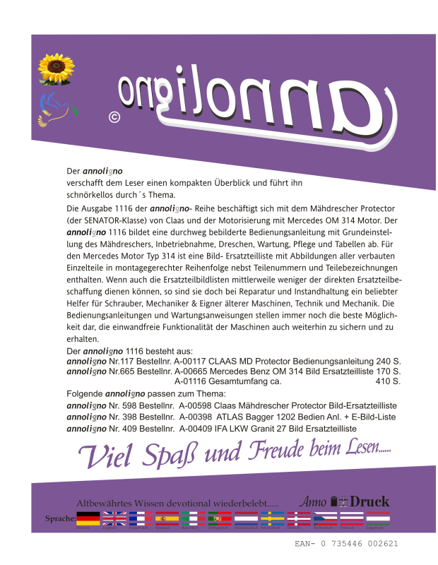 Claas Mähdrescher Protector (der SENATOR-Klasse) & Mercedes OM 314 Bild- Bedienungsanleitung & Bild-Ersatzteilliste & Explosionszeichnungen - annoligno 1116